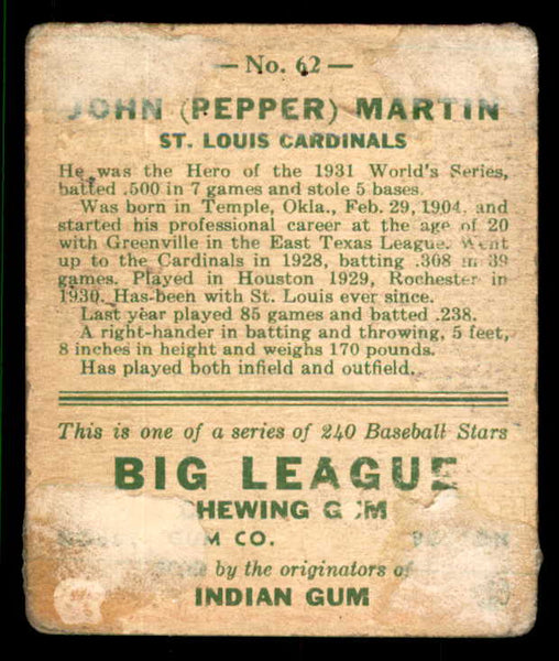 1933 Goudey #062 Pepper Martin Cardinals FR-GD/GD back damage 533455