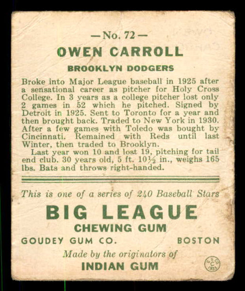 1933 Goudey #072 Owen Carroll Dodgers FR-GD 533458