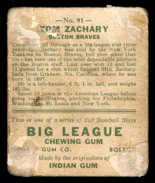 1933 Goudey #091 Tom Zachary Braves FR-GD back damage 533461