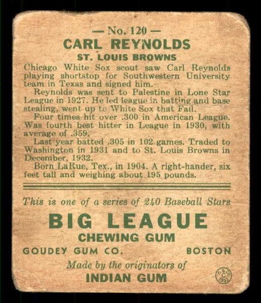 1933 Goudey #120 Carl Reynolds Browns FR-GD paper loss 533466