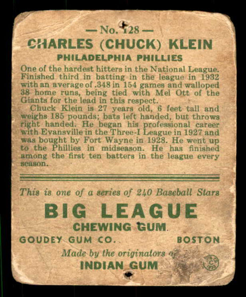 1933 Goudey #128 Chuck Klein Phillies PR-FR pin holes 533467