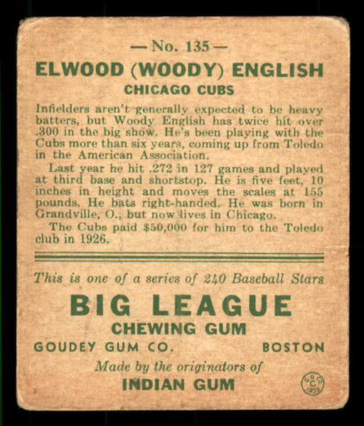 1933 Goudey #135 Woody English Cubs VG 533469