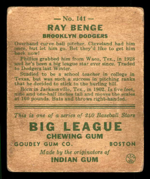 1933 Goudey #141 Ray Benge Dodgers GD/GD-VG 533472