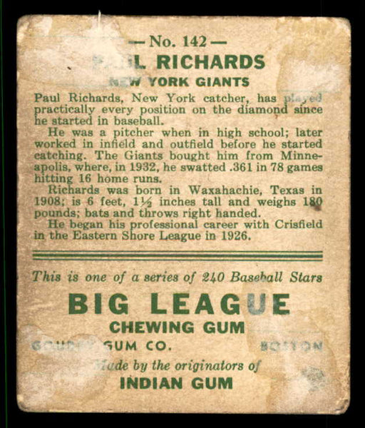 1933 Goudey #142 Paul Richards Giants Good back damage 533473