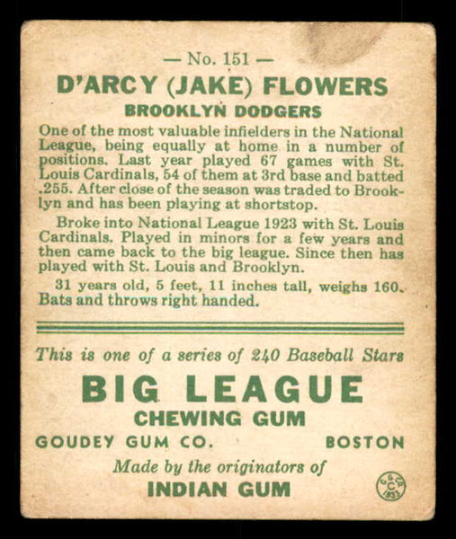 1933 Goudey #151 Jake Flowers Dodgers VG stain 533475