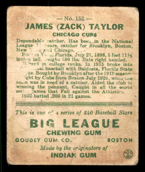 1933 Goudey #152 Zack Taylor Cubs FR-GD back damage 533476