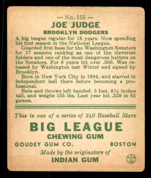 1933 Goudey #155 Joe Judge Dodgers VG-EX 533477