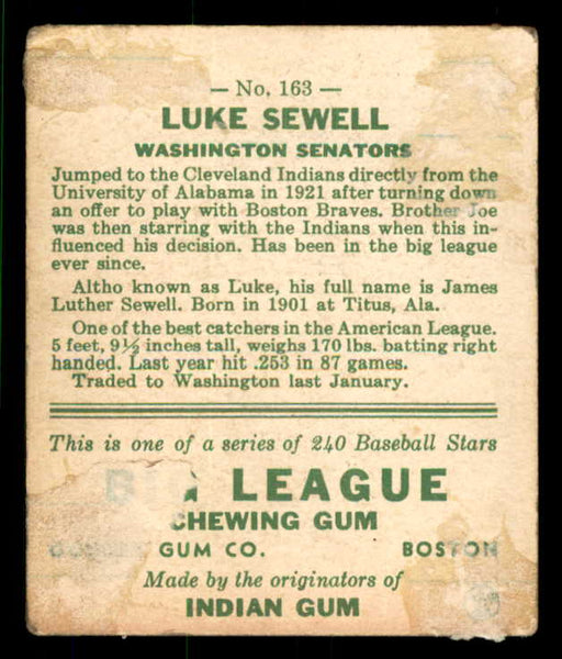 1933 Goudey #163 Luke Sewell Senators Good residue back 533480