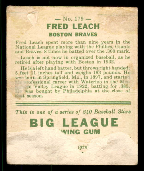 1933 Goudey #179 Fred Leach Braves FR-GD back damage 533482