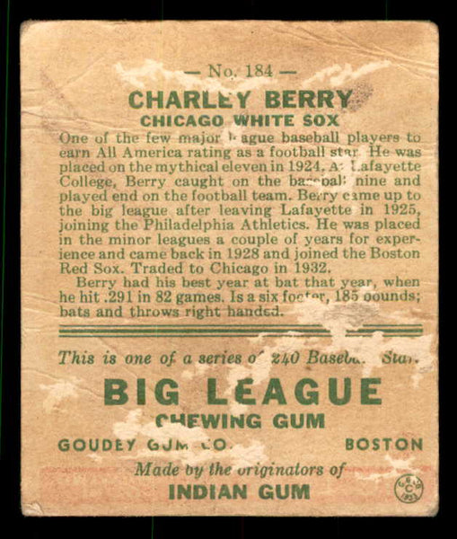 1933 Goudey #184 Charlie Berry White Sox Fair back damage 533483