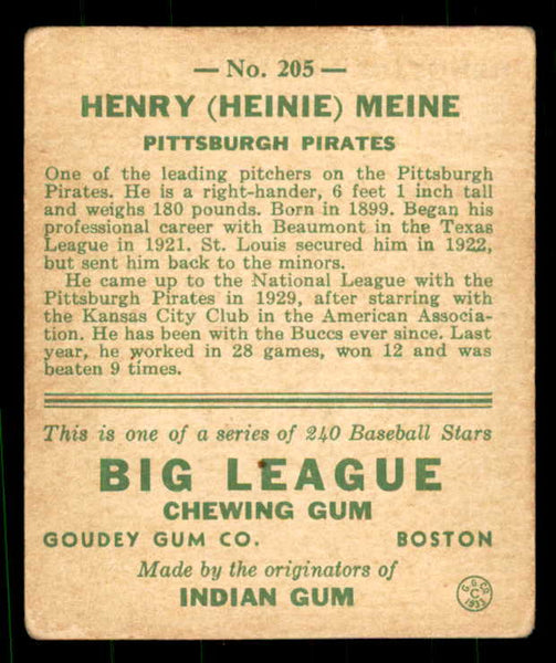 1933 Goudey #205 Heinie Meine Pirates VG-EX 533488