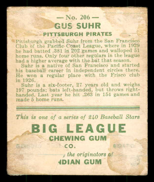 1933 Goudey #206 Gus Suhr Pirates Good residue back 533489