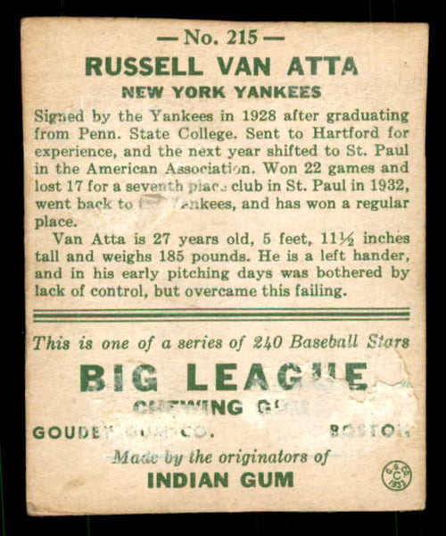 1933 Goudey #215 Russ Van Atta Yankees PR-FR trimmed 533493