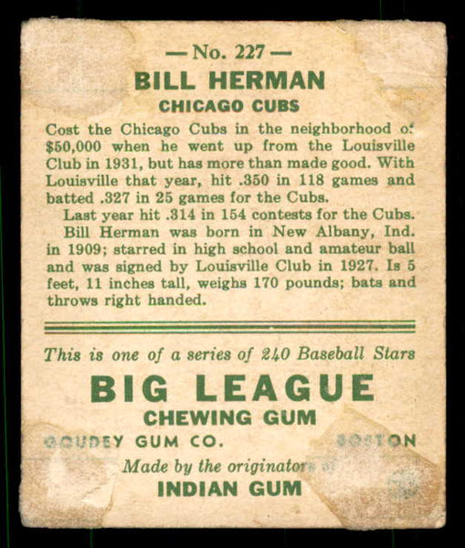1933 Goudey #227 Billy Herman Cubs Good residue back 533494