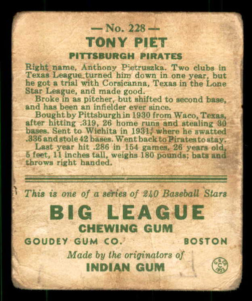 1933 Goudey #228 Tony Piet Pirates FR-GD 533495