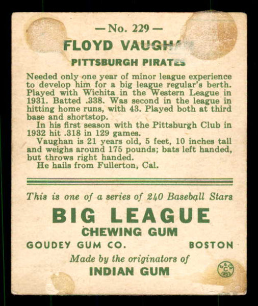 1933 Goudey #229 Arky Vaughan Pirates Good residue back 533496
