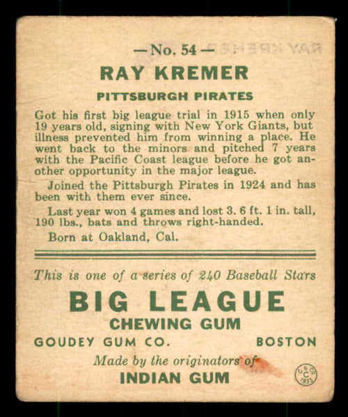 1933 Goudey #054 Ray Kremer Pirates GD-VG erasure 533497