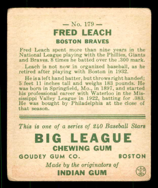 1933 Goudey #179 Fred Leach Braves VG/VG-EX 533498
