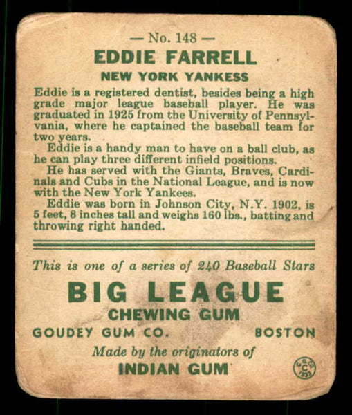 1933 Goudey #148 Eddie Farrell Yankees Good 533501