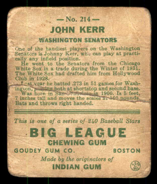 1933 Goudey #214 John Kerr Senators PR-FR 533509