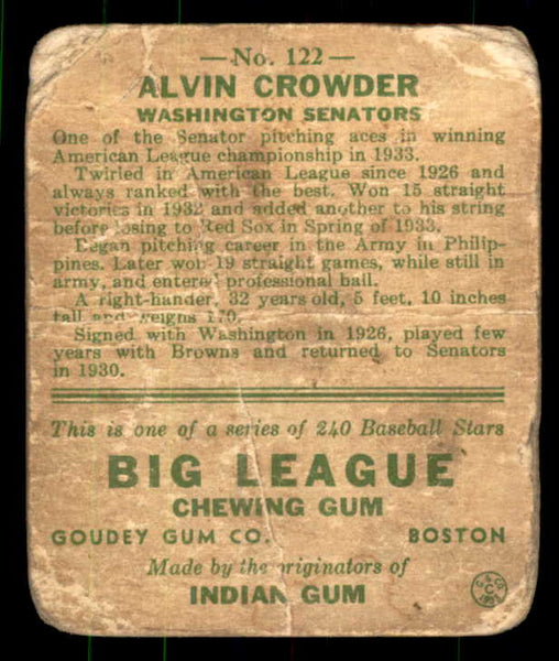 1933 Goudey #122 Alvin Crowder Senators Fair 533510