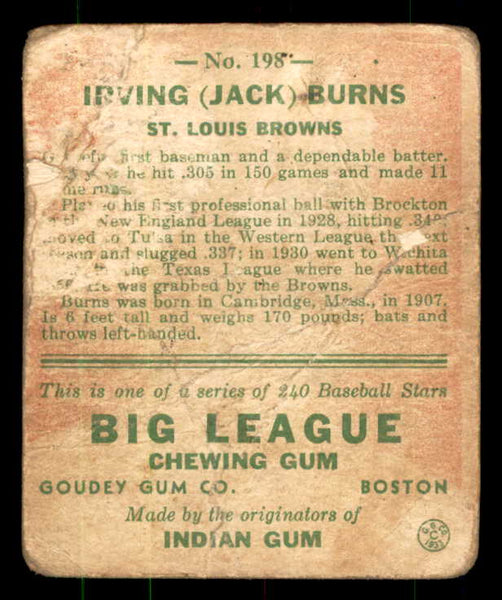 1933 Goudey #198 Jack Burns Browns PR-FR 533511