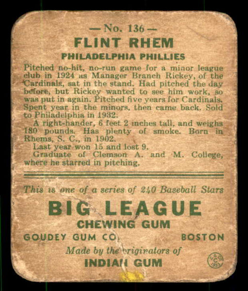 1933 Goudey #136 Flint Rhem Phillies FR-GD 533512