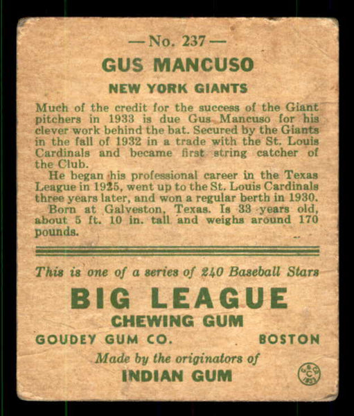 1933 Goudey #237 Gus Mancuso Giants Good 533514