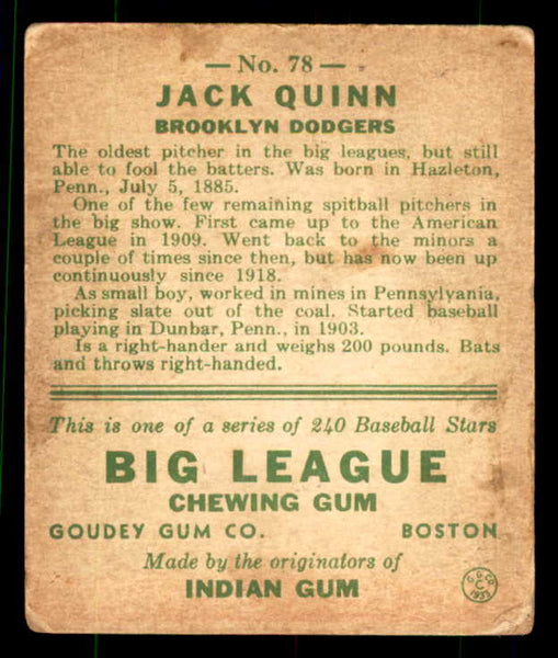 1933 Goudey #078 Jack Quinn Dodgers VG-EX 533516