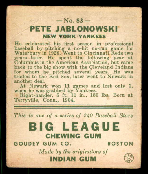 1933 Goudey #083 Pete Jablonowski Yankees VG 533517