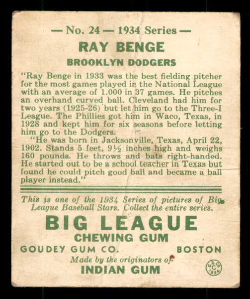 1934 Goudey #024 Ray Benge Dodgers Good 533522
