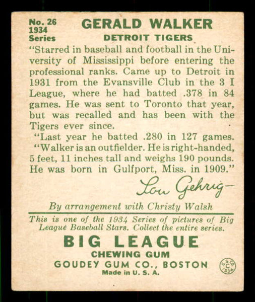 1934 Goudey #026 Gee Walker Tigers EX 533523