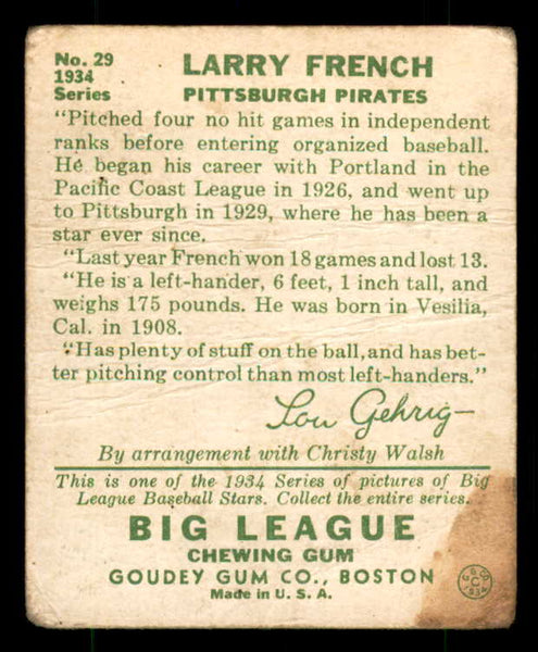 1934 Goudey #029 Larry French Pirates FR-GD stain 533524