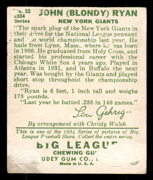 1934 Goudey #032 Blondy Ryan Giants Good back damage 533525