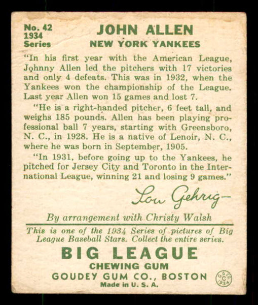 1934 Goudey #042 Johnny Allen Yankees Good 533527