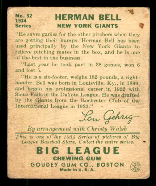 1934 Goudey #052 Herman Bell Giants Good 533528
