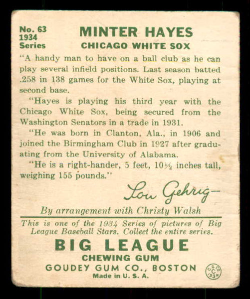1934 Goudey #063 Minter Hayes White Sox GD-VG 533530