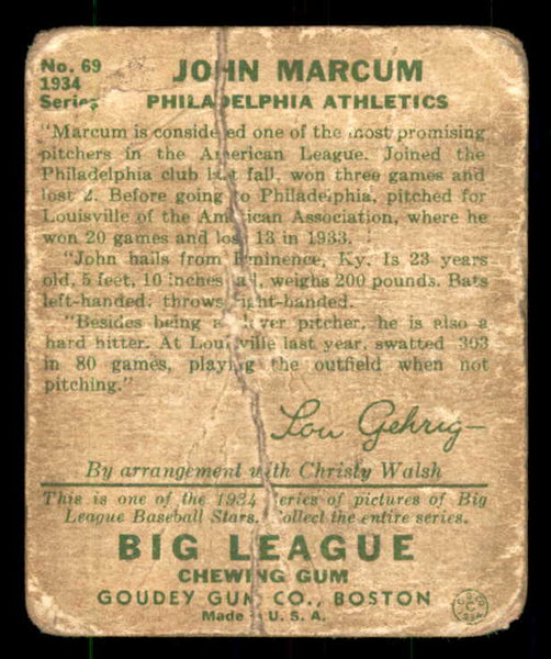 1934 Goudey #069 Johnny Marcum A's PR-FR 533531