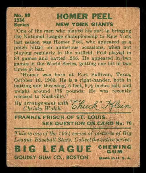 1934 Goudey #088 Homer Peel Giants VG/VG-EX 533532