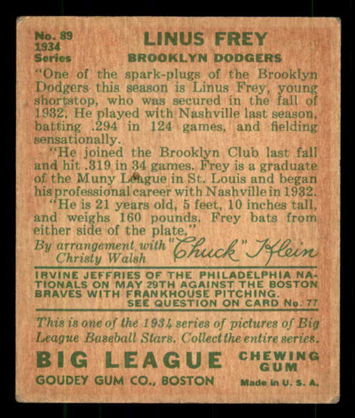 1934 Goudey #089 Lonny Frey Dodgers VG-EX 533533