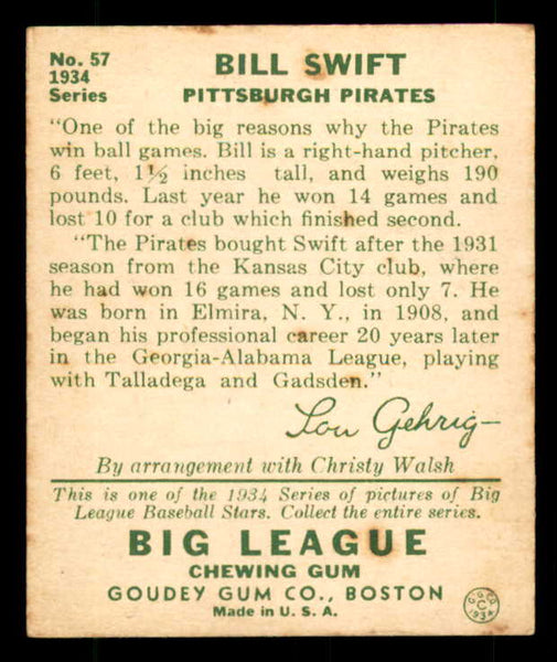 1934 Goudey #057 Bill Swift Pirates VG 533535