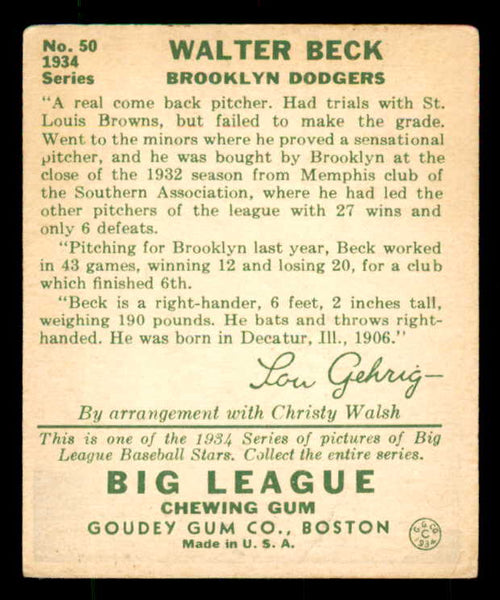 1934 Goudey #050 Walter Beck Dodgers VG 533536