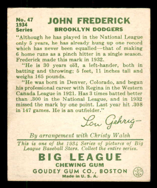 1934 Goudey #047 John Frederick Dodgers VG-EX 533538