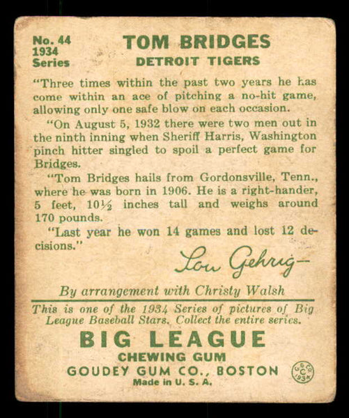 1934 Goudey #044 Tommy Bridges Tigers VG-EX 533540