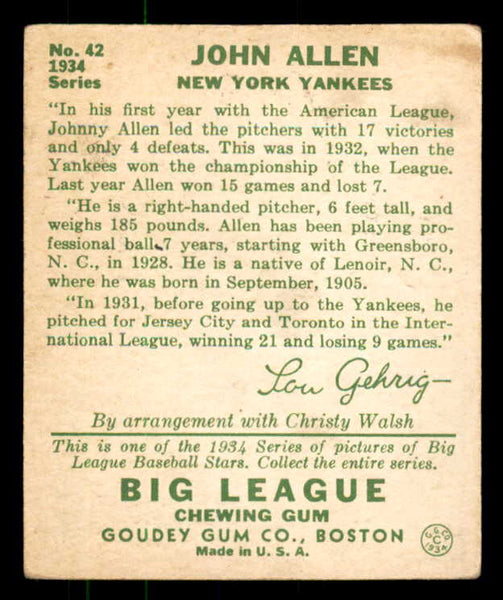 1934 Goudey #042 Johnny Allen Yankees VG-EX 533542