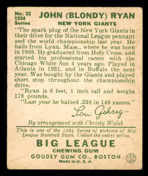 1934 Goudey #032 Blondy Ryan Giants VG-EX 533544