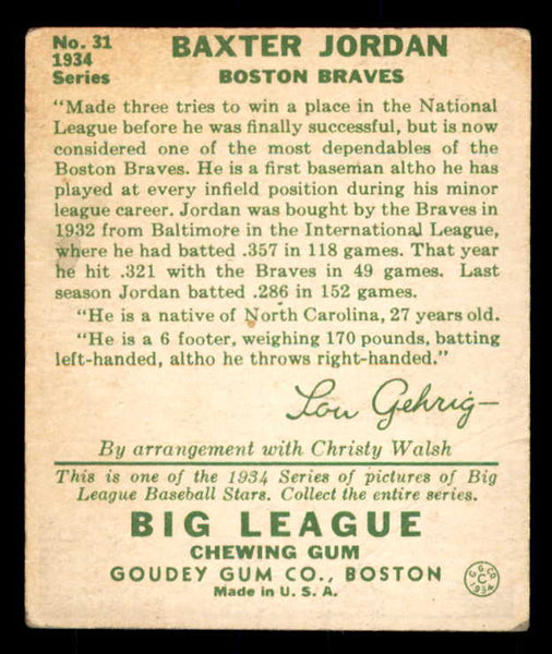 1934 Goudey #031 Baxter Jordan Braves VG 533545