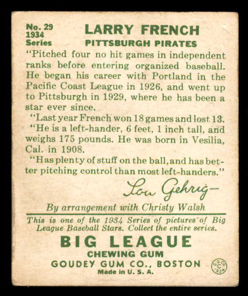 1934 Goudey #029 Larry French Pirates VG-EX 533547