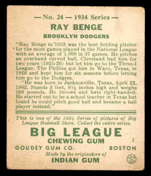 1934 Goudey #024 Ray Benge Dodgers VG-EX 533548