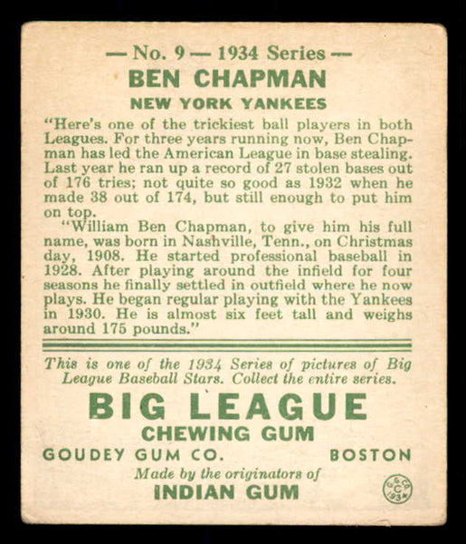 1934 Goudey #009 Ben Chapman Yankees VG-EX 533550